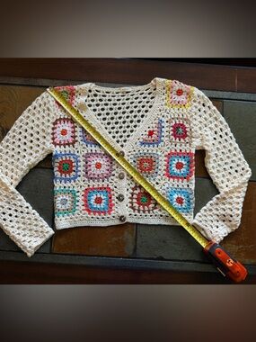 Debut Cream Crochet Granny Square Cardigan Sweater patchwork small chunky layer